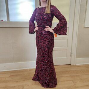 Size Small burgundy and black embroidered and sequin bell sleeve long gown NWOT